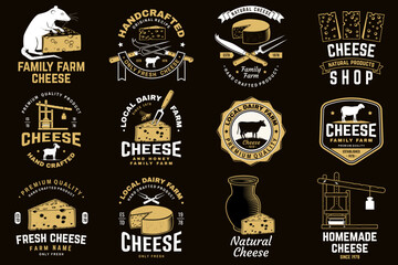 Cheese family farm badge design. Template for logo, branding design with block cheese, sheep lacaune on the grass, fork, knife for cheese, cow, cheese press. Vector illustration. Hand crafted product - 760900977