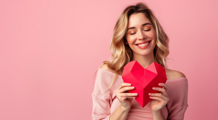 Beautiful young girl smiling and holding a big red heart on a pink background, romance love