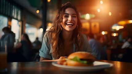 happy woman while eating a hamburger, happy woman at restaurant - obrazy, fototapety, plakaty
