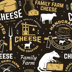 Cheese family farm seamless pattern or background. Fabric, textile, wallaper with block cheese, sheep lacaune on the grass, fork, knife for cheese, cow, cheese press. Vector. - 760901160