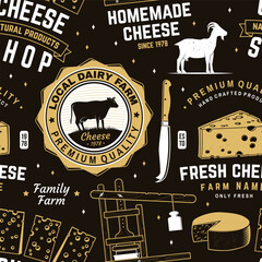 Cheese family farm seamless pattern or background. Fabric, textile, wallaper with block cheese, sheep lacaune on the grass, fork, knife for cheese, cow, cheese press. Vector. - 760901363