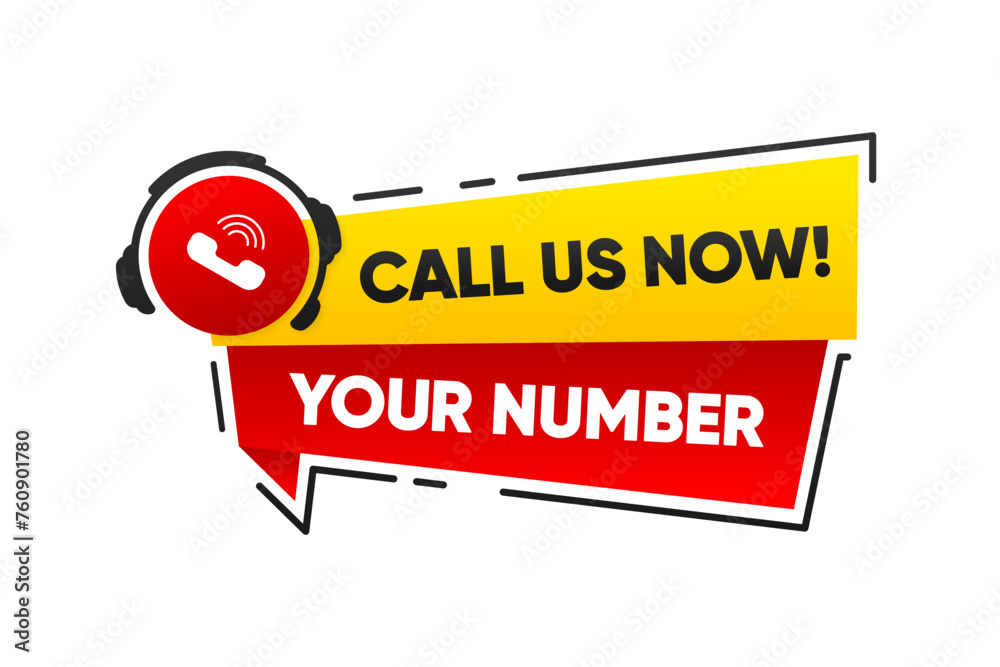 Poster call us now button. template for communication with support. phone number in website header. conspic