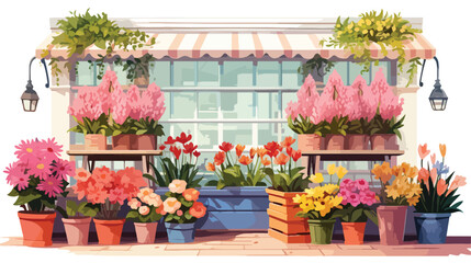 Fototapeta na wymiar Charming flower shop with buckets of blooms and han