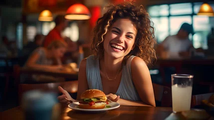 Fotobehang happy woman while eating a hamburger, happy woman at restaurant © Gomez