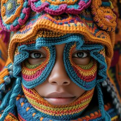 A woman with colorful knitted face covering. Generative AI.