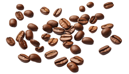 Roasted coffee beans spread out with a sense of motion on transparent background, high quality