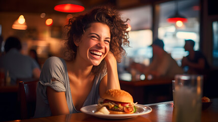 happy woman while eating a hamburger, happy woman at restaurant - obrazy, fototapety, plakaty