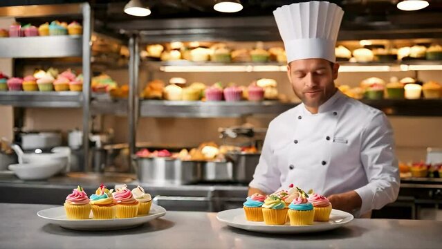 Chef holding a plate of cupcakes, chef showing his dishes, cooking videos, vegan recipes, sweet recipes, asmr cooking, youtube calming videos, cupcakes, stock videos, stock food videos.