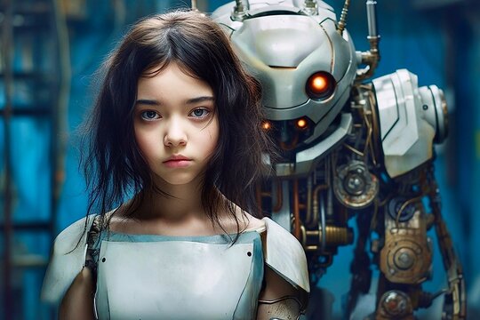 Portrait of a cute girl in a futuristic spacesuit against a robot background
