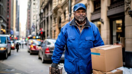 Man Carrying Boxes in Blue Jacket on City Street