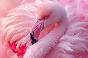 Fototapeta premium A pink flamingo is standing in front of a pink background. The flamingo is the main focus of the image, and it is looking at the camera