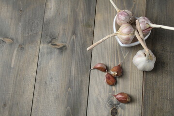 Purple garlic cloves close-up. Selection of garlic. Spicy vegetables on a gray background. Autumn Still Life