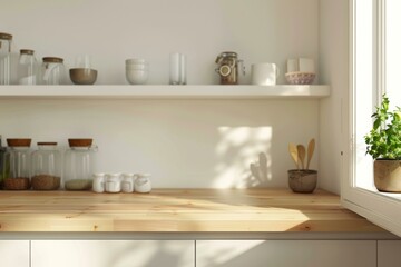 Fototapeta na wymiar A kitchen with shelves and a window. Generative AI.