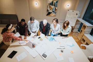 Multiethnic group of business colleagues collaborating on a project in a conference room, with...