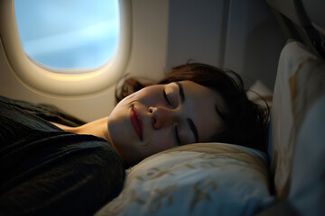 woman sitting sleeping in airplane business class seat