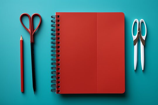 Notebook with pencil and scissors on green background. 3d illustration