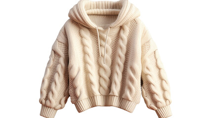 A white sweater adorned with a hoodie rests peacefully, a vision of cozy comfort and stylish simplicity