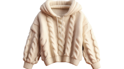 A white sweater adorned with a hoodie rests peacefully, a vision of cozy comfort and stylish simplicity