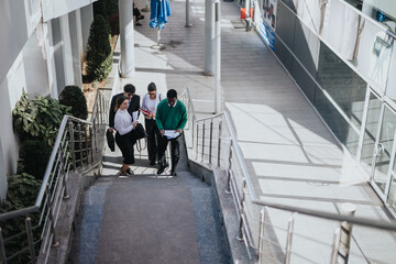 A group of businesspeople engage in a discussion while walking outside in a sunny city environment, portraying a dynamic professional lifestyle.
