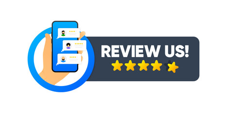 Review Us. Feedback concept. Review and rate us stars. User evaluates quality. Vector Illustration.