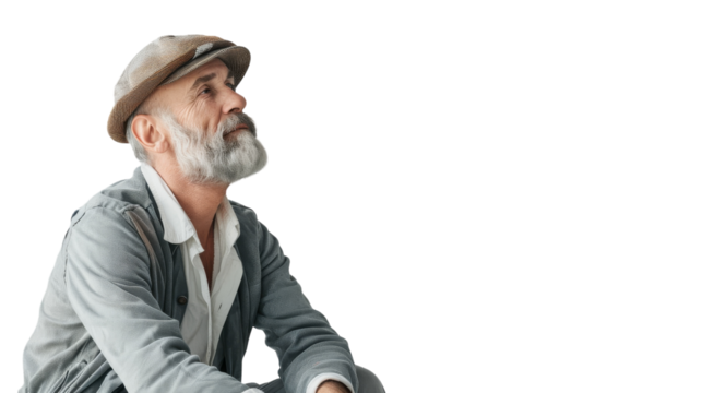 A man with a stylish hat sitting alone on the ground, deep in thought