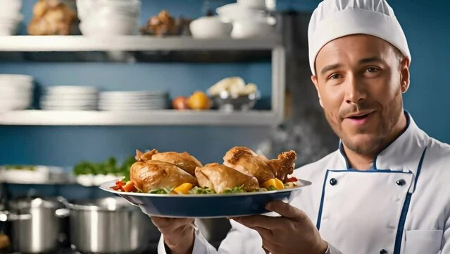 Chef holding a plate of chicken, chef showing his dishes, cooking videos, vegan recipes, meat recipes, asmr cooking, youtube calming videos, chicken pot, stock videos, stock food videos.