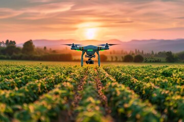 Smart agricultural drone flying over a field of crops Providing precision farming services such as spraying Monitoring And data analysis for crop optimization. - obrazy, fototapety, plakaty