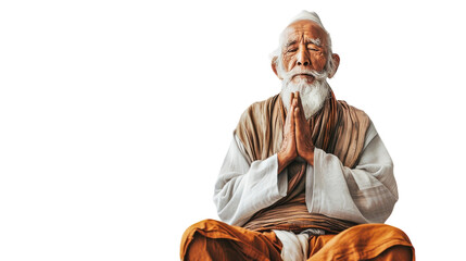 An elderly man in deep meditation, sitting cross-legged with his eyes closed