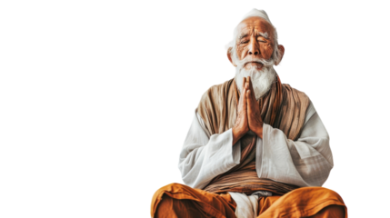 An elderly man in deep meditation, sitting cross-legged with his eyes closed