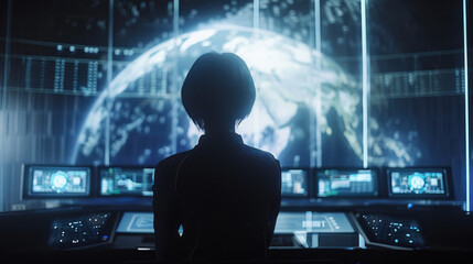 A woman oversees a spherical data visualization on multiple screens in a futuristic control center - obrazy, fototapety, plakaty