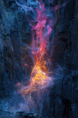 A painting depicting the contrast between fire and water within a cave setting, showcasing the elements in an intriguing juxtaposition