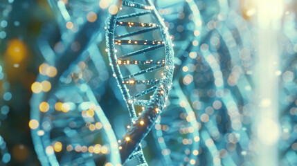 A detailed visualization of a DNA helix in a blue, glowing environment, emphasizing the complexity of genetic structures