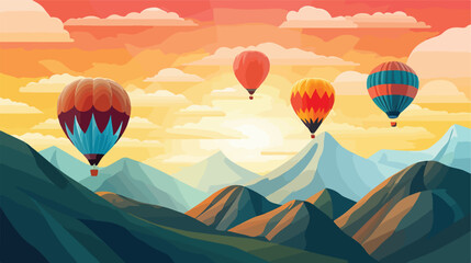 Colorful hot air balloons floating over a scenic mo - obrazy, fototapety, plakaty