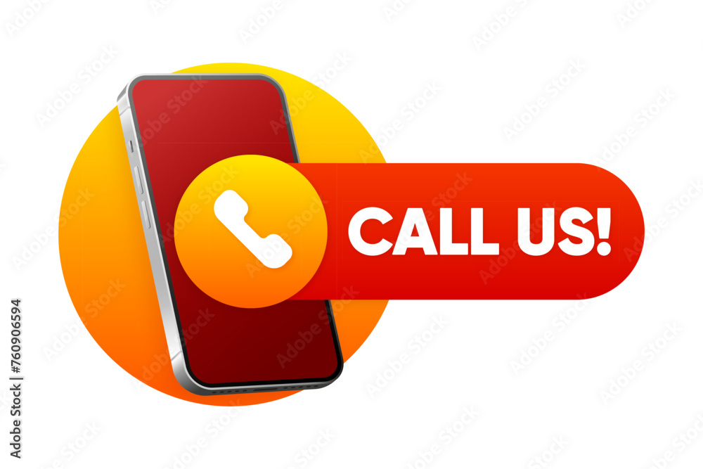 Poster call us now button. template for communication with support. phone number in website header. conspic