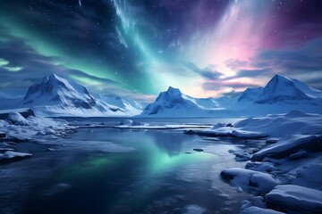 Fototapeta premium Northern lights over snowy mountains and lake. 3d render illustration.