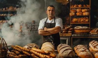Tuinposter working portrait of a man Baker on a background of bread © Андрей Трубицын