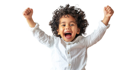 A little boy standing with his arms raised high in the air, expressing pure joy and freedom - obrazy, fototapety, plakaty
