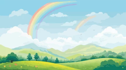 Schilderijen op glas Colorful rainbow over a scenic countryside landscap © visual