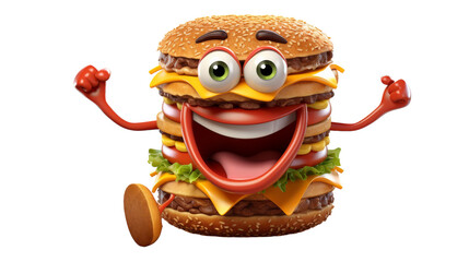 A large hamburger with a cheerful smile on its bun
