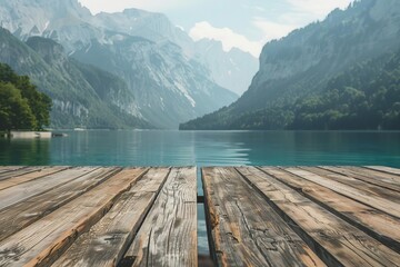Obraz premium Serene mountain view, wooden background display