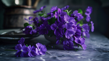 violet flowers in a vase - obrazy, fototapety, plakaty