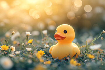 Little yellow rubber duck bath toy on spring meadow with flowers in sunny day. Creative funny Easter concept for background, card, banner, poster, wallpaper
