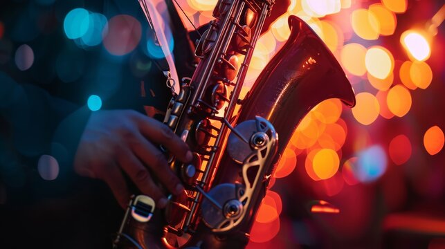 Close-up of hands playing a saxophone with colorful bokeh light background.
