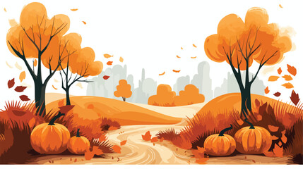 Cozy autumn scene with pumpkin patch and falling le - obrazy, fototapety, plakaty