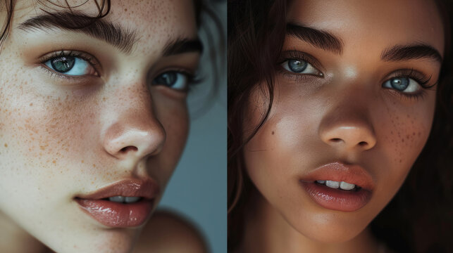 The two images show a woman with a tan complexion and green eyes. The first image has a more natural look, while the second image has a more polished appearance