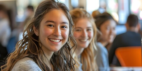 Obraz premium Empowering Young Women: Smiling and Collaborating at a Coding Workshop to Hone Programming Abilities. Concept Coding Skills, Empowerment, Workshop, Collaboration, Young Women