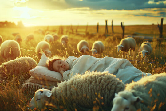 Woman with insomnia finally sleeping by "counting sheeps", she is super relax at the meadow