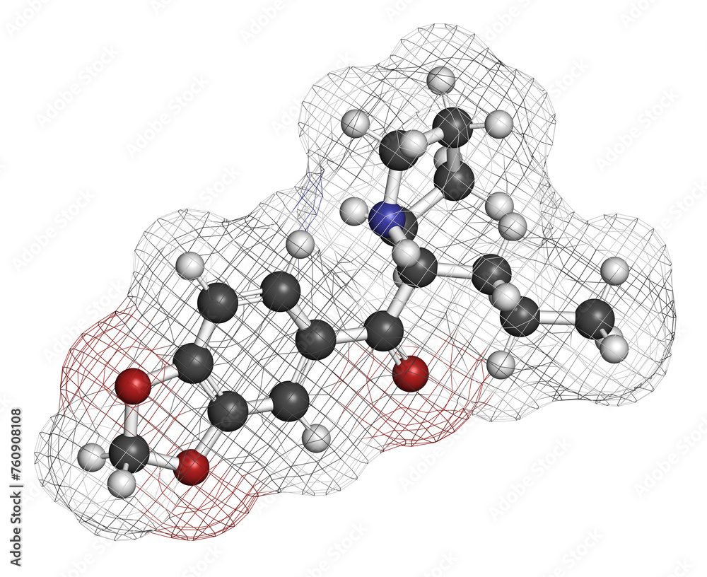 Sticker Methylenedioxypyrovalerone (MDPV) stimulant drug molecule.