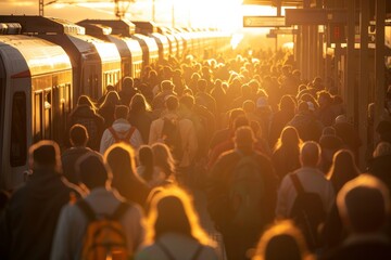 station crowd of people train leaving at sunset - obrazy, fototapety, plakaty