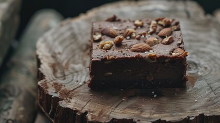 Fototapeta na wymiar Raw vegan chocolate brownie with nuts on rustic wooden plate. Healthy sweed food concept